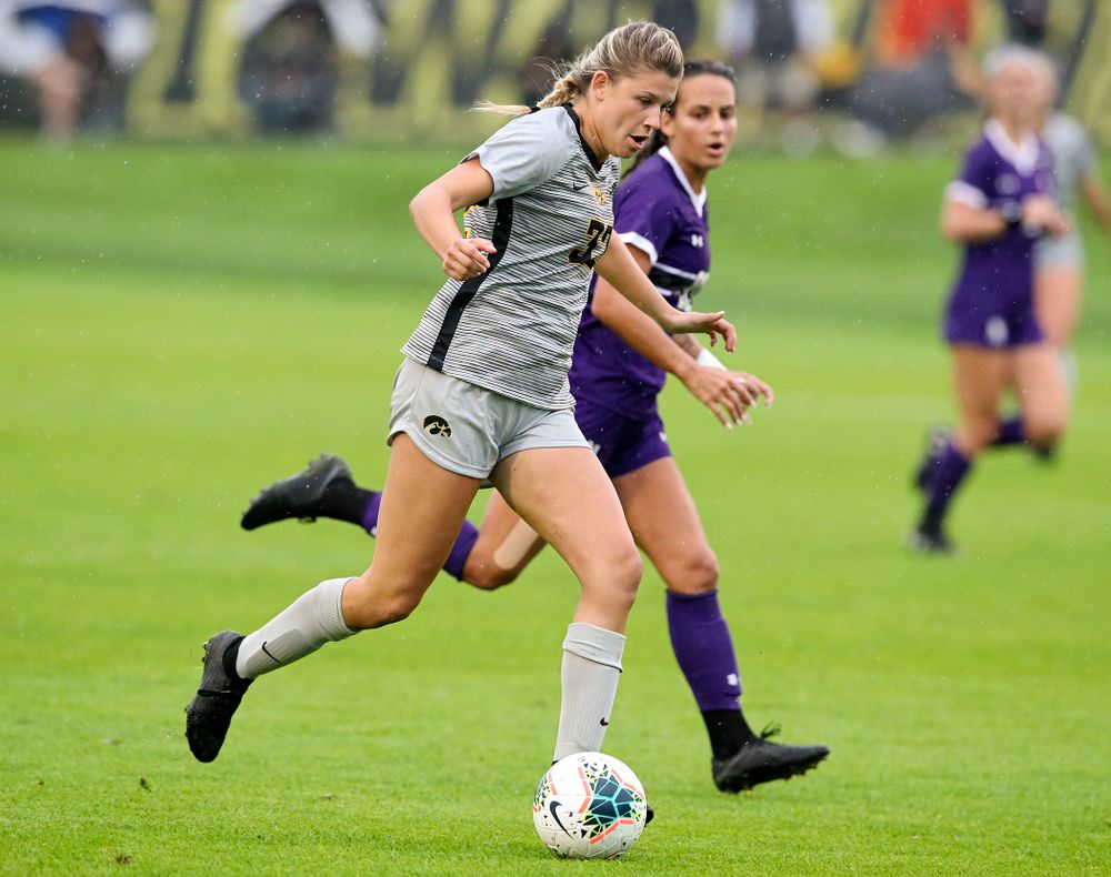 Iowa forward Gianna Gourley (32) moves with the ball during the first half of their match at the Iowa Soccer Complex in Iowa City on Sunday, Sep 29, 2019. (Stephen Mally/hawkeyesports.com)