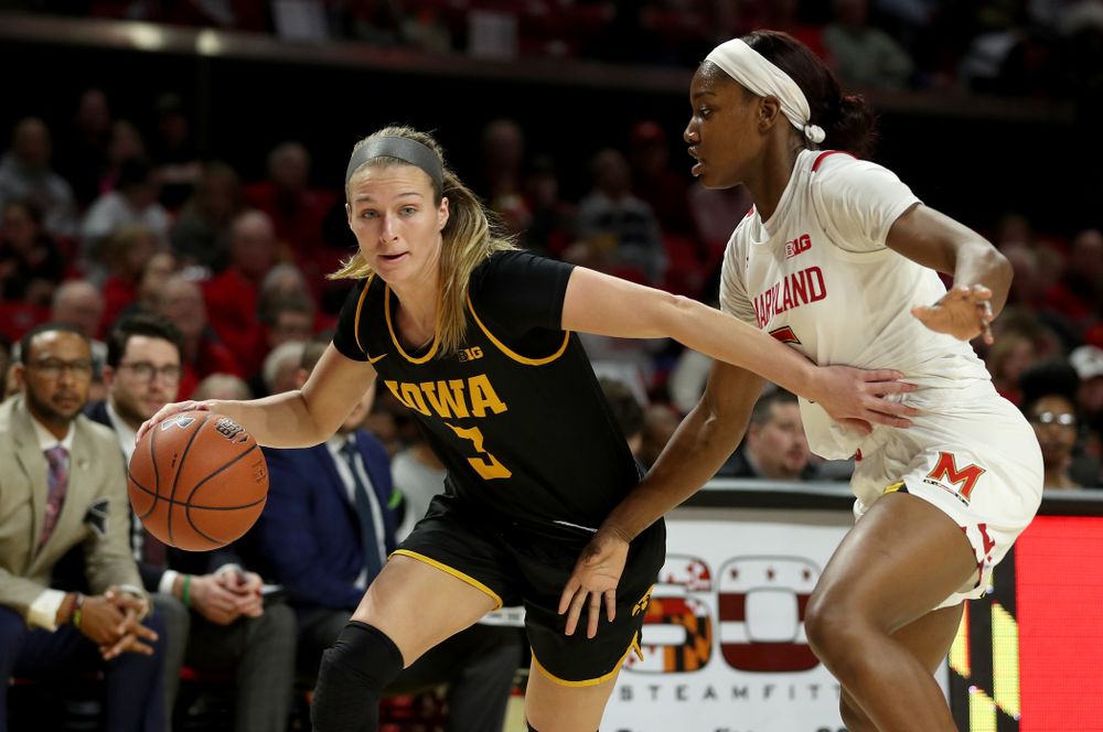 Iowa Hawkeyes guard Makenzie Meyer (3) against the Maryland Terrapins Thursday, February 13, 2020 at the Xfinity Center in College Park, MD. (Brian Ray/hawkeyesports.com)
