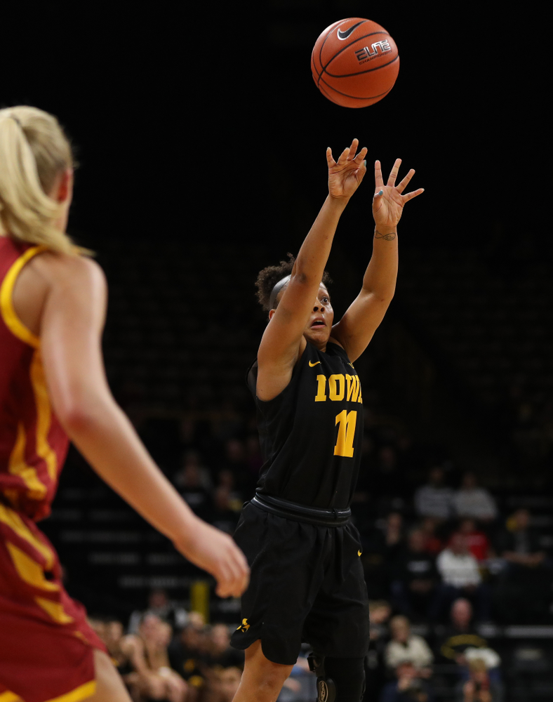 Iowa Hawkeyes guard Tania Davis (11) against the Iowa State Cyclones in the Iowa Corn Cy-Hawk Series Wednesday, December 5, 2018 at Carver-Hawkeye Arena. (Brian Ray/hawkeyesports.com)