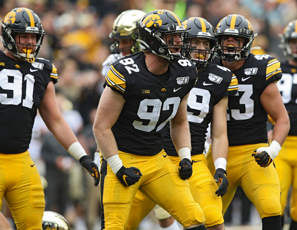 Iowa Hawkeyes defensive lineman John Waggoner (92) celebrates after a sack during the second quarter of their game at Kinnick Stadium in Iowa City on Saturday, Oct 19, 2019. (Stephen Mally/hawkeyesports.com)