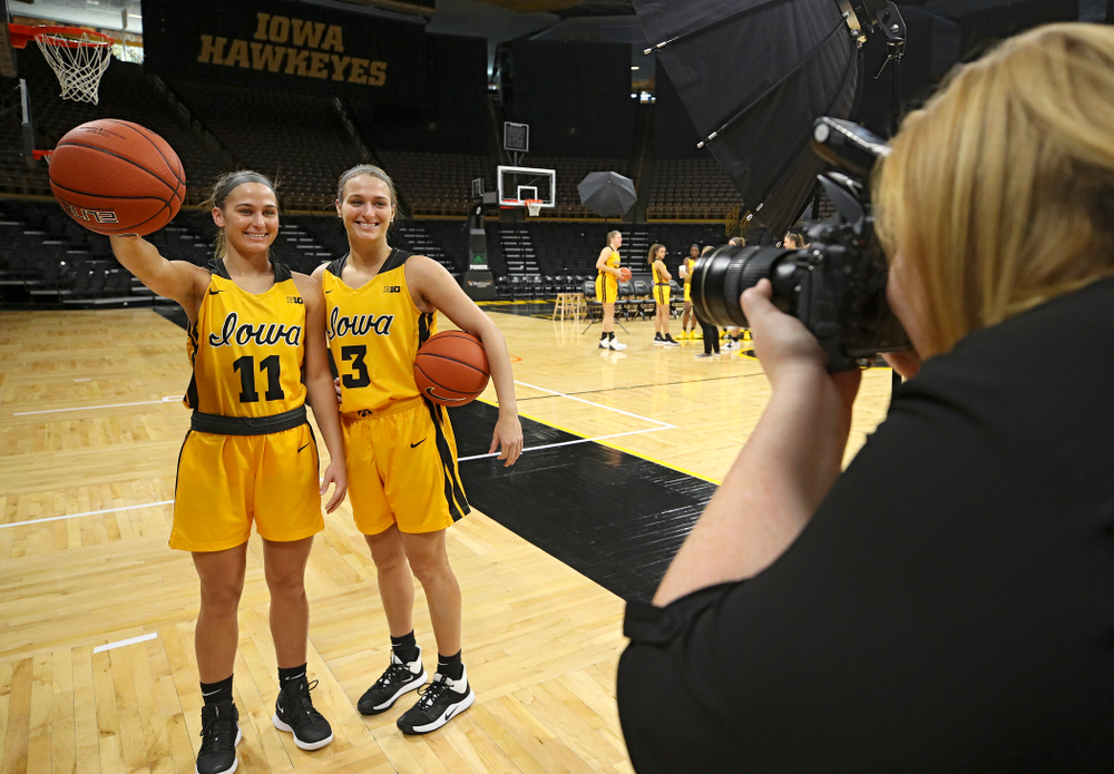 Iowa guard Megan Meyer (11) and guard Makenzie Meyer (3) pose for a picture during Iowa Women’s Basketball Media Day at Carver-Hawkeye Arena in Iowa City on Thursday, Oct 24, 2019. (Stephen Mally/hawkeyesports.com)