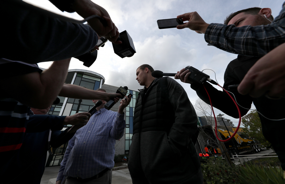 Iowa Hawkeyes quarterback Nate Stanley (4) answers questions from reporters following Holiday Bowl Practice No. 3 Tuesday, December 24, 2019 at San Diego Mesa College. (Brian Ray/hawkeyesports.com)
