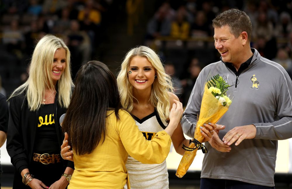 The Iowa Cheerleaders and Dance Team perform on senior night at half-time of the Iowa Hawkeyes game against the Purdue Boilermakers Tuesday, March 3, 2020 at Carver-Hawkeye Arena. (Brian Ray/hawkeyesports.com)
