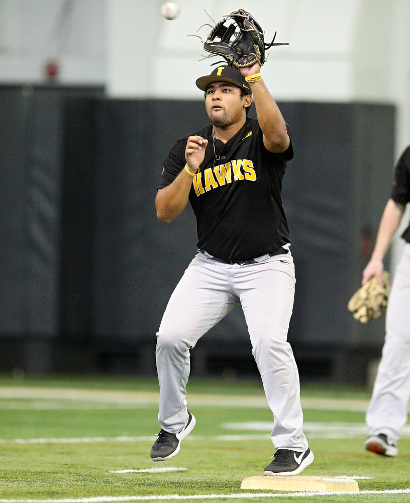 Iowa Hawkeyes infielder Izaya Fullard (20) fields a throw at second base during practice at the Hansen Football Performance Center in Iowa City on Friday, January 24, 2020. (Stephen Mally/hawkeyesports.com)
