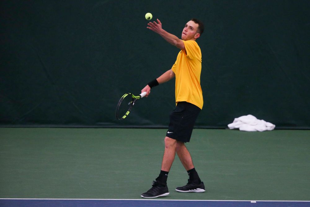 Iowa's Kareem Allaf at a tennis match vs Drake Friday, March 8, 2019 at the Hawkeye Tennis and Recreation Complex. (Lily Smith/hawkeyesports.com)