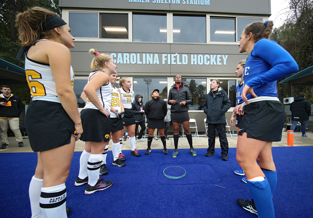 Iowa’s Maddy Murphy (26), Ryley Miller (19), Sophie Sunderland (20), and Katie Birch (11) watch the coin toss before their NCAA Tournament First Round match against Duke at Karen Shelton Stadium in Chapel Hill, N.C. on Friday, Nov 15, 2019. (Stephen Mally/hawkeyesports.com)