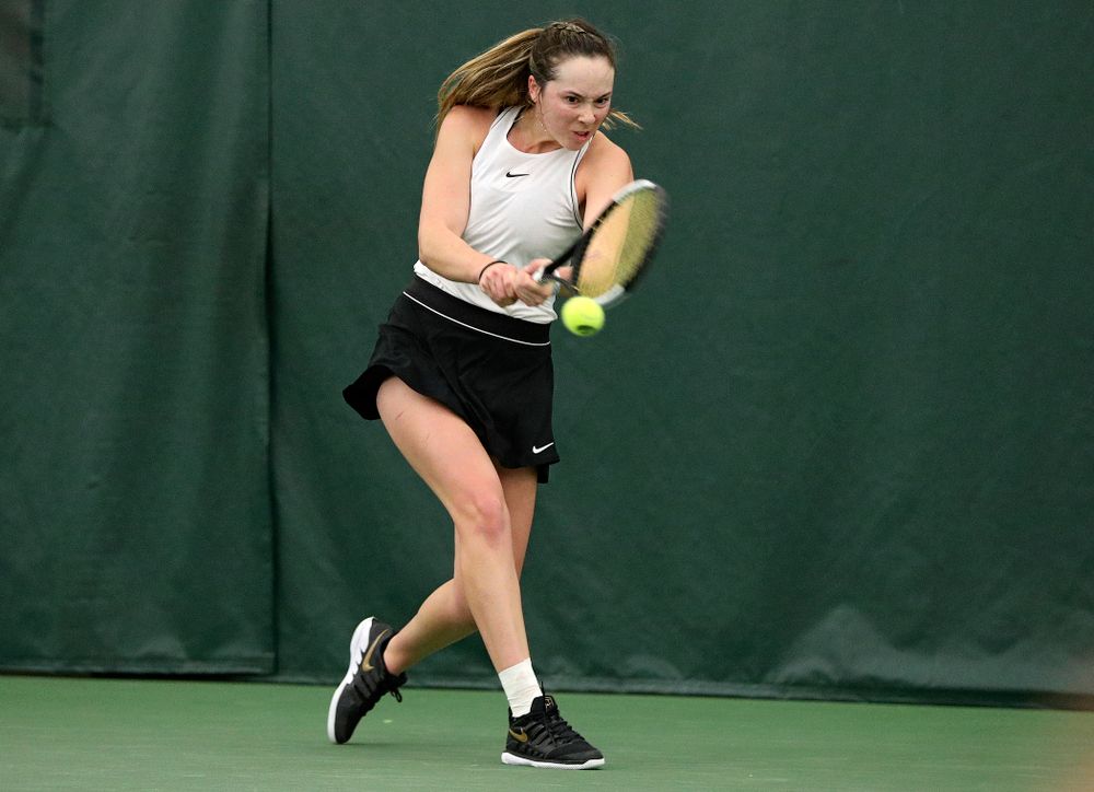 Iowa’s Samantha Mannix during her singles match at the Hawkeye Tennis and Recreation Complex in Iowa City on Sunday, February 16, 2020. (Stephen Mally/hawkeyesports.com)