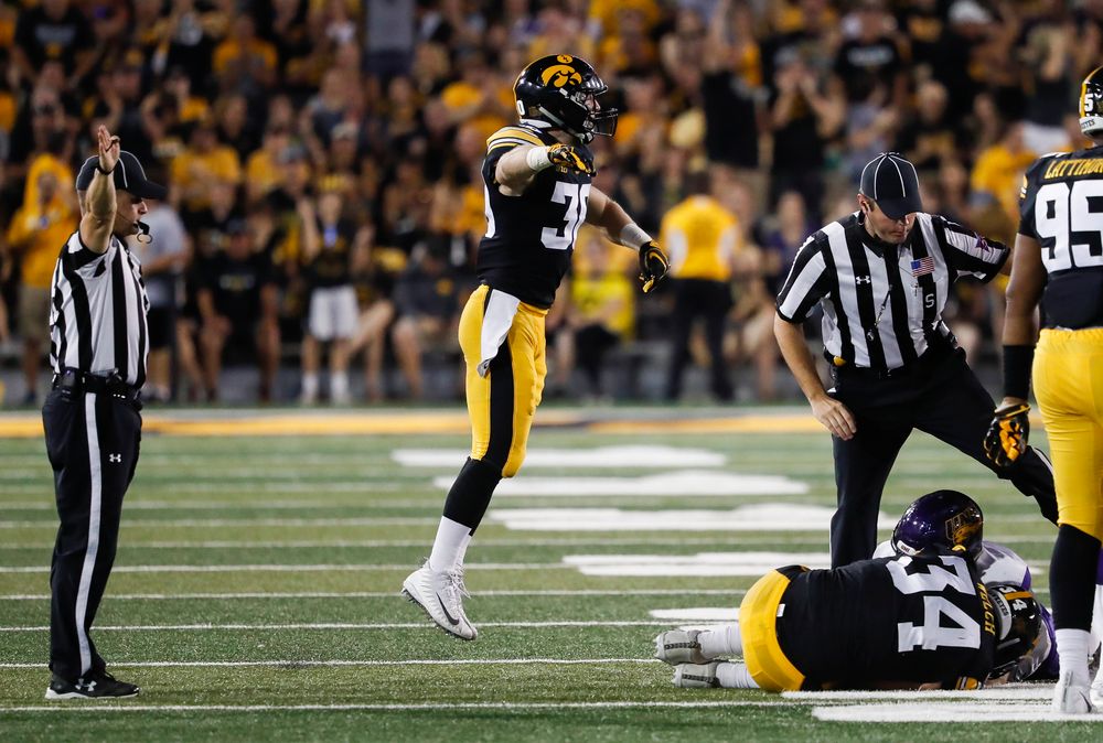 Iowa Hawkeyes defensive back Jake Gervase (30) reacts after a fumble recovery during a game against Northern Iowa at Kinnick Stadium on September 15, 2018. (Tork Mason/hawkeyesports.com)