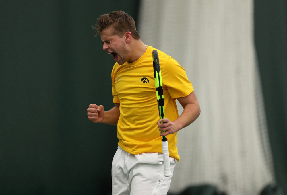 Will Davies against Utah Sunday, February 10, 2019 at the Hawkeye Tennis and Recreation Complex. (Brian Ray/hawkeyesports.com)