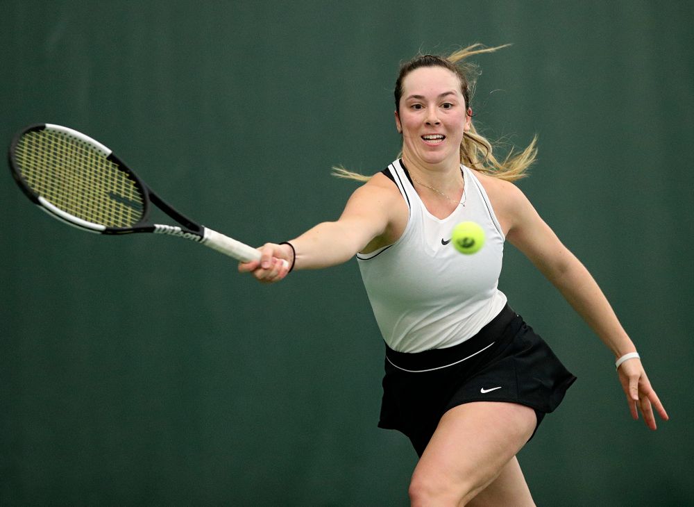 Iowa’s Samantha Mannix during her singles match at the Hawkeye Tennis and Recreation Complex in Iowa City on Sunday, February 16, 2020. (Stephen Mally/hawkeyesports.com)