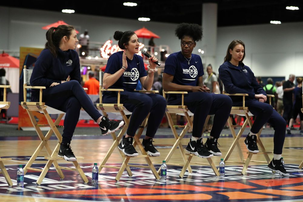 Iowa Hawkeyes forward Megan Gustafson (10) participates in a panel discussion with the other WBCA All Americans at the Tourney Town Fan Fest Friday, April 5, 2019 at the Tampa Convention Center in Tampa, FL. (Brian Ray/hawkeyesports.com)