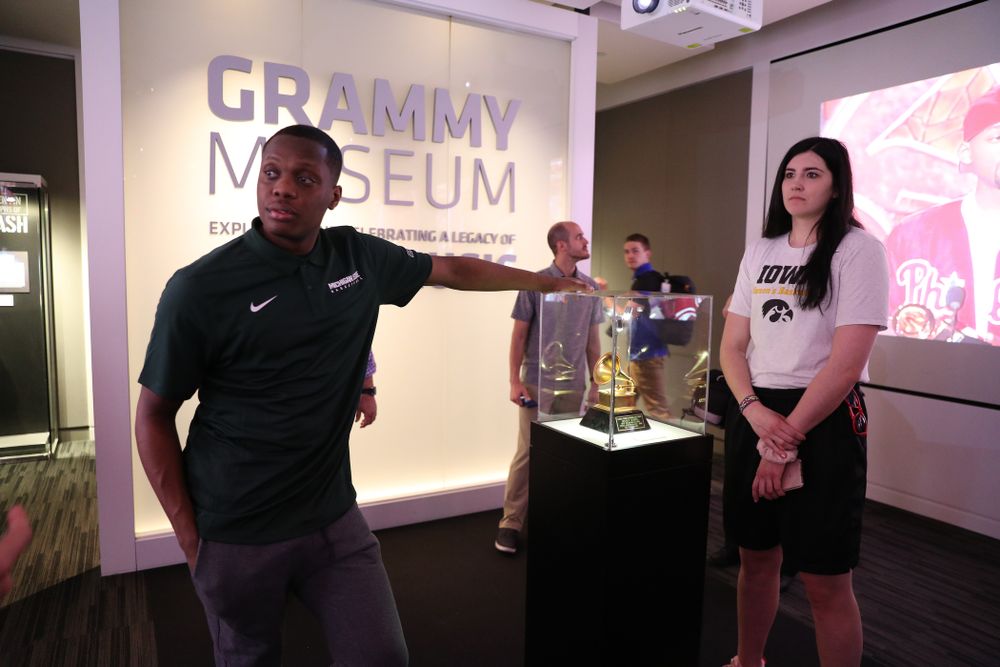 Iowa Hawkeyes forward Megan Gustafson (10) tours the Grammy Museum before the ESPN College Basketball Awards show Friday, April 12, 2019 at The Novo at LA Live. (Brian Ray/hawkeyesports.com)