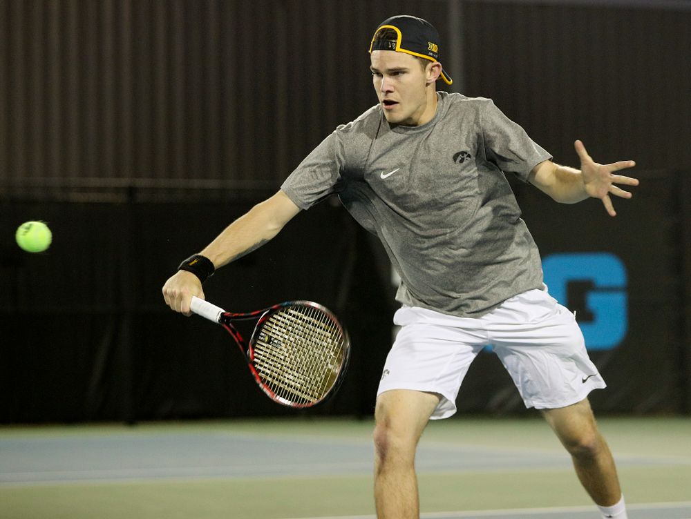 Iowa's Jonas Larsen during his match again Michigan State at the Hawkeye Tennis and Recreation Complex in Iowa City on Friday, Apr. 19, 2019. (Stephen Mally/hawkeyesports.com)
