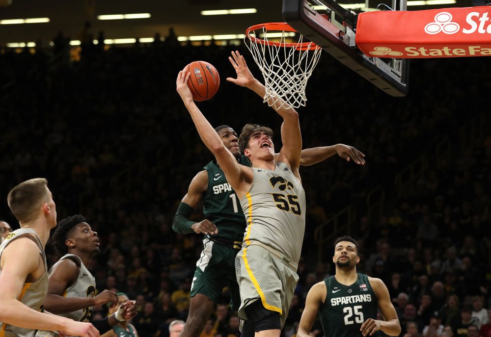 Iowa Hawkeyes forward Luka Garza (55) against the Michigan State Spartans Thursday, January 24, 2019 at Carver-Hawkeye Arena. (Brian Ray/hawkeyesports.com)