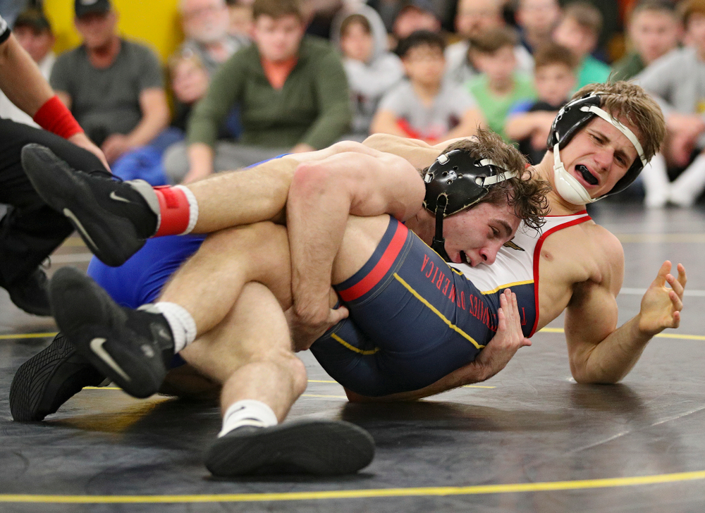 Iowa’s Austin DeSanto (from left) controls Aaron Meyer during their preseason match at the Dan Gable Wrestling Complex at Carver-Hawkeye Arena in Iowa City on Friday, Nov 8, 2019. (Stephen Mally/hawkeyesports.com)
