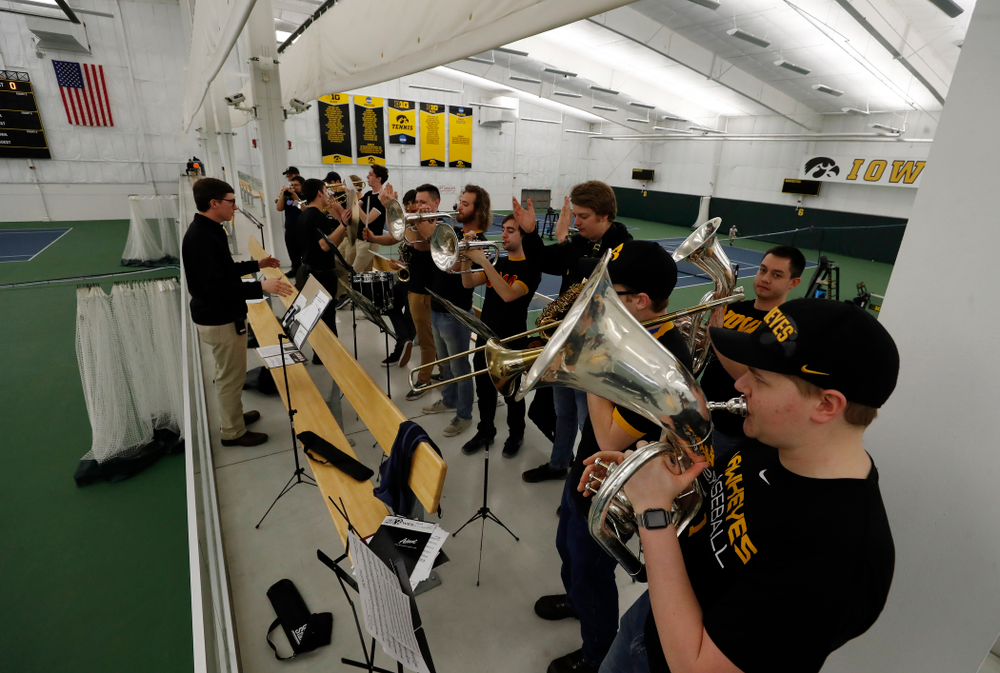 The Iowa Pep Band performs before the Iowa Hawkeyes game against Purdue Sunday, April 15, 2018 at the Hawkeye Tennis and Recreation Center. (Brian Ray/hawkeyesports.com)