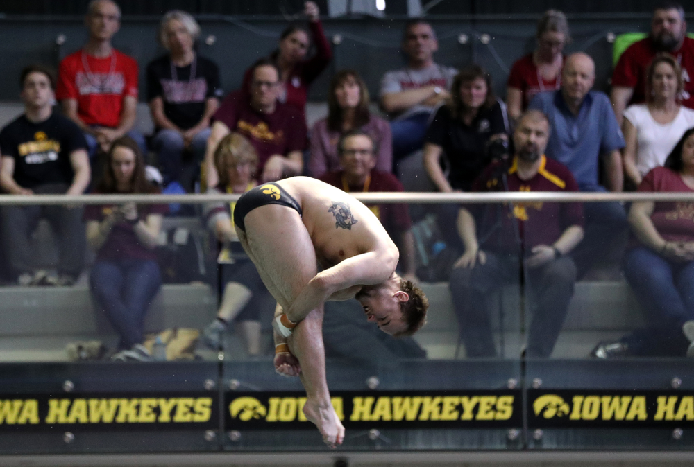Iowa's Anton Hoherz competes on the 1-meter springboard during the 2019 Big Ten Swimming and Diving Championships Thursday, February 28, 2019 at the Campus Wellness and Recreation Center. (Brian Ray/hawkeyesports.com)