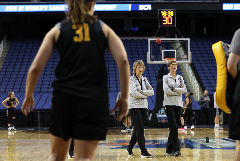 Iowa Hawkeyes head coach Lisa Bluder and associate head coach Jan Jensen during media and practice as they prepare for their Sweet 16 matchup against NC State Friday, March 29, 2019 at the Greensboro Coliseum in Greensboro, NC.(Brian Ray/hawkeyesports.com)