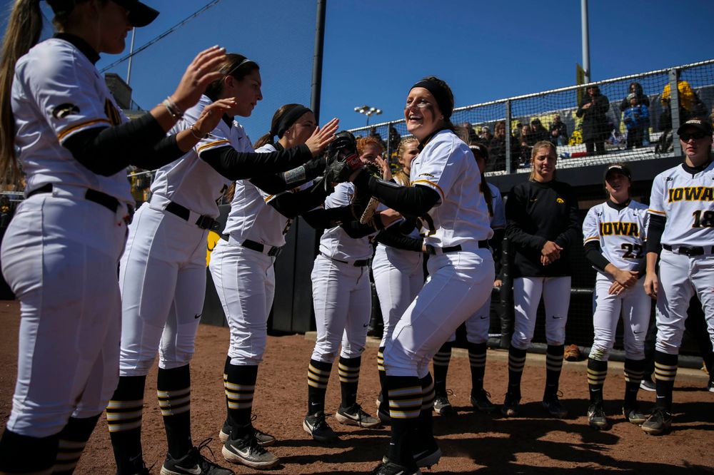 Iowa's Havyn Monteer (21) at game 3 vs Northwestern on Sunday, March 31, 2019 at Bob Pearl Field. (Lily Smith/hawkeyesports.com)