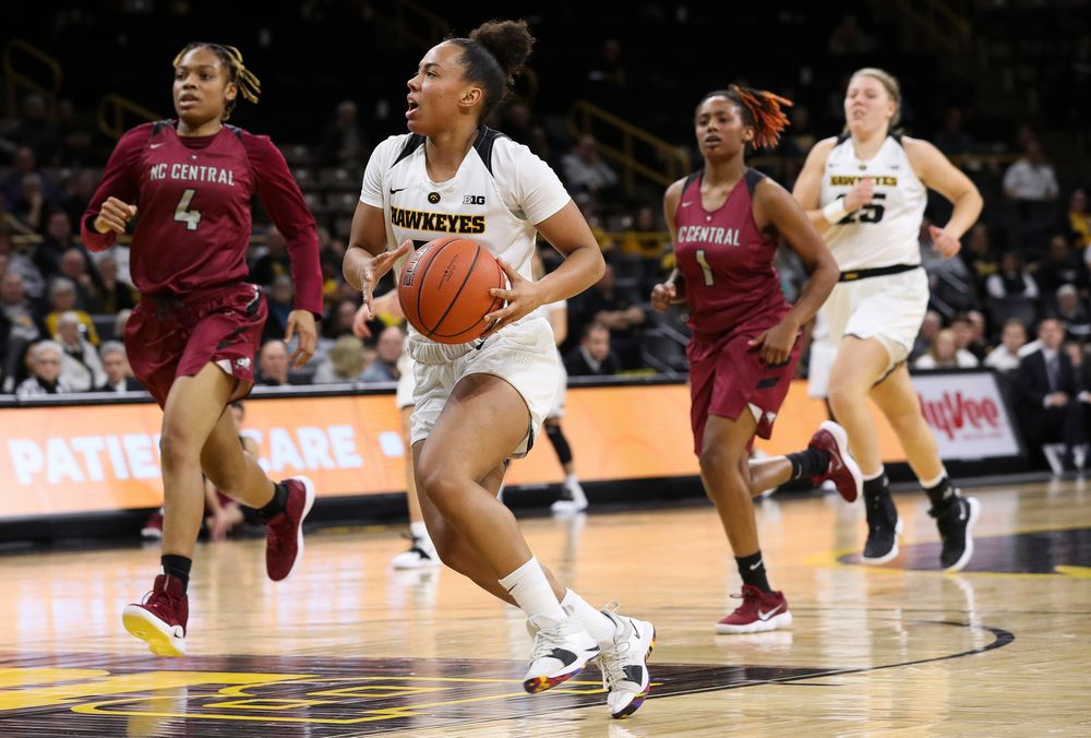 Iowa Hawkeyes guard Alexis Sevillian (5) drives to the basket during a game against North Carolina Central at Carver-Hawkeye Arena on November 17, 2018. (Tork Mason/hawkeyesports.com)