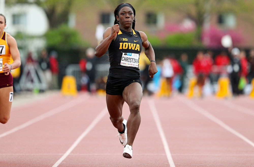 Iowa's Antonise Christian runs the women’s 100 meter dash event on the second day of the Big Ten Outdoor Track and Field Championships at Francis X. Cretzmeyer Track in Iowa City on Saturday, May. 11, 2019. (Stephen Mally/hawkeyesports.com)
