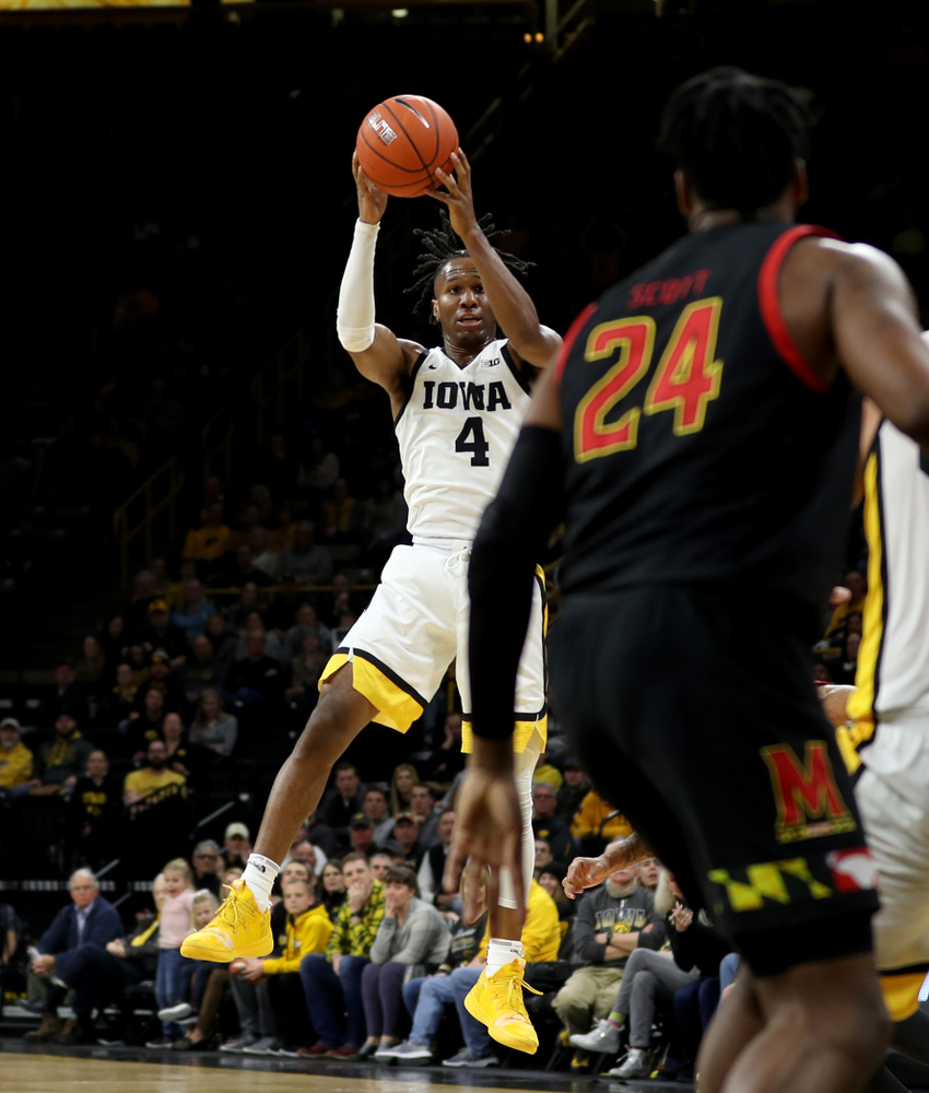 Iowa Hawkeyes guard Bakari Evelyn (4) against the Maryland Terrapins Friday, January 10, 2020 at Carver-Hawkeye Arena. (Brian Ray/hawkeyesports.com)