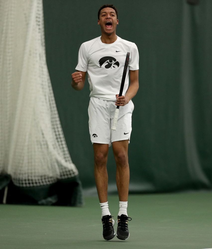 Iowa’s Oliver Okonkwo against Cornell Sunday, March 8, 2020 at the Hawkeye Tennis and Recreation Center. (Brian Ray/hawkeyesports.com)