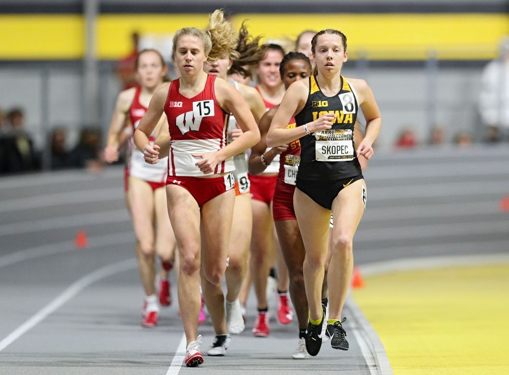 Iowa’s Gabby Skopec runs the women’s 3000 meter run event during the Larry Wieczorek Invitational at the Recreation Building in Iowa City on Friday, January 17, 2020. (Stephen Mally/hawkeyesports.com)