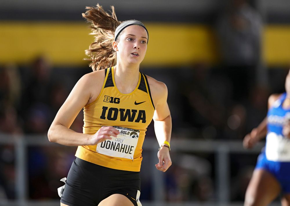 Iowa’s Carly Donahue runs the women’s 400 meter dash event at the Black and Gold Invite at the Recreation Building in Iowa City on Saturday, February 1, 2020. (Stephen Mally/hawkeyesports.com)