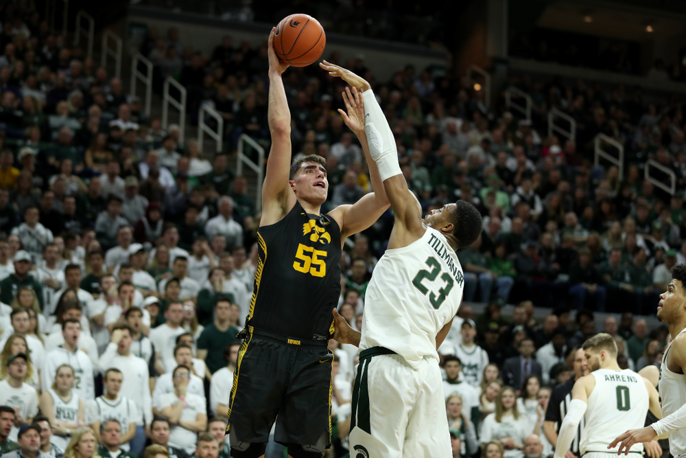 Iowa Hawkeyes forward Luka Garza (55) against Michigan State Tuesday, February 25, 2020 at the Breslin Center in East Lansing, MI. (Brian Ray/hawkeyesports.com)
