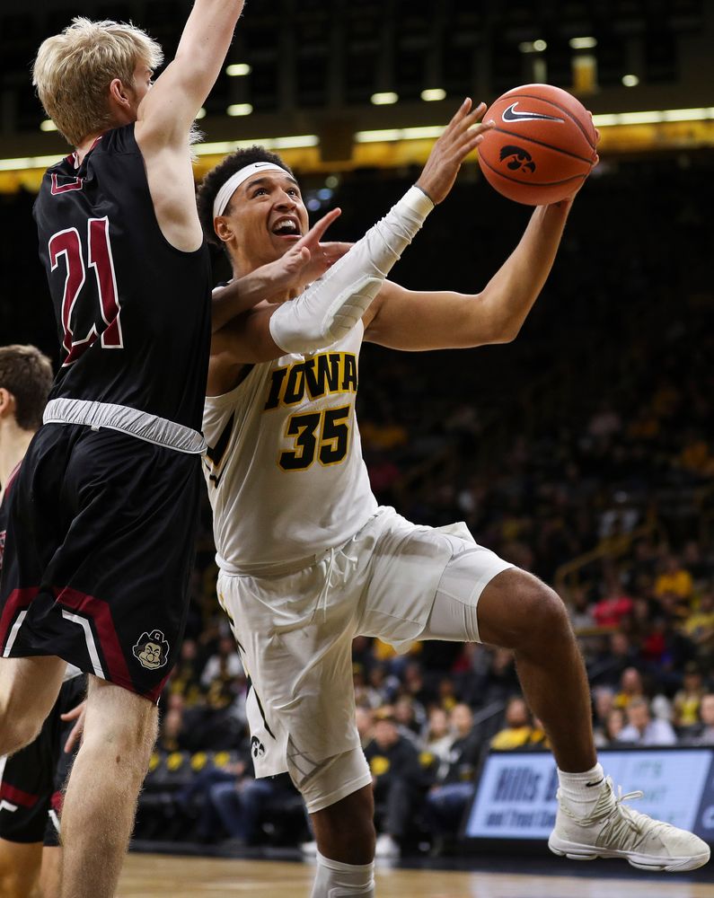 Iowa Hawkeyes forward Cordell Pemsl (35) goes up for a shot during a game against Guilford College at Carver-Hawkeye Arena on November 4, 2018. (Tork Mason/hawkeyesports.com)