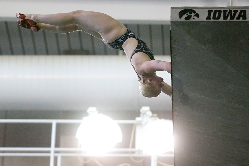 Iowa’s Thelma Strandberg competes in the women’s platform diving preliminary event during the 2020 Women’s Big Ten Swimming and Diving Championships at the Campus Recreation and Wellness Center in Iowa City on Saturday, February 22, 2020. (Stephen Mally/hawkeyesports.com)