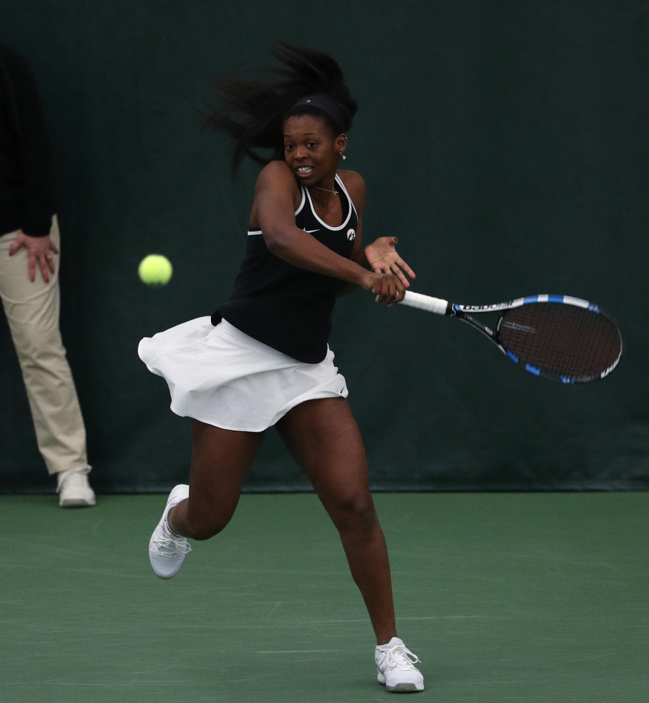 Iowa's Adorabol Huckleby during a doubles match against North Texas Sunday, January 20, 2019 at the Hawkeye Tennis and Recreation Center. (Brian Ray/hawkeyesports.com)