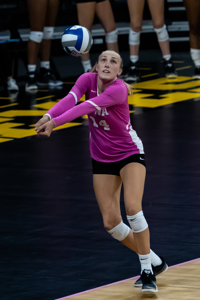 Iowa Hawkeyes outside hitter Cali Hoye (14) against the Wisconsin Badgers Saturday, October 6, 2018 at Carver-Hawkeye Arena. (Clem Messerli/Iowa Sports Pictures)