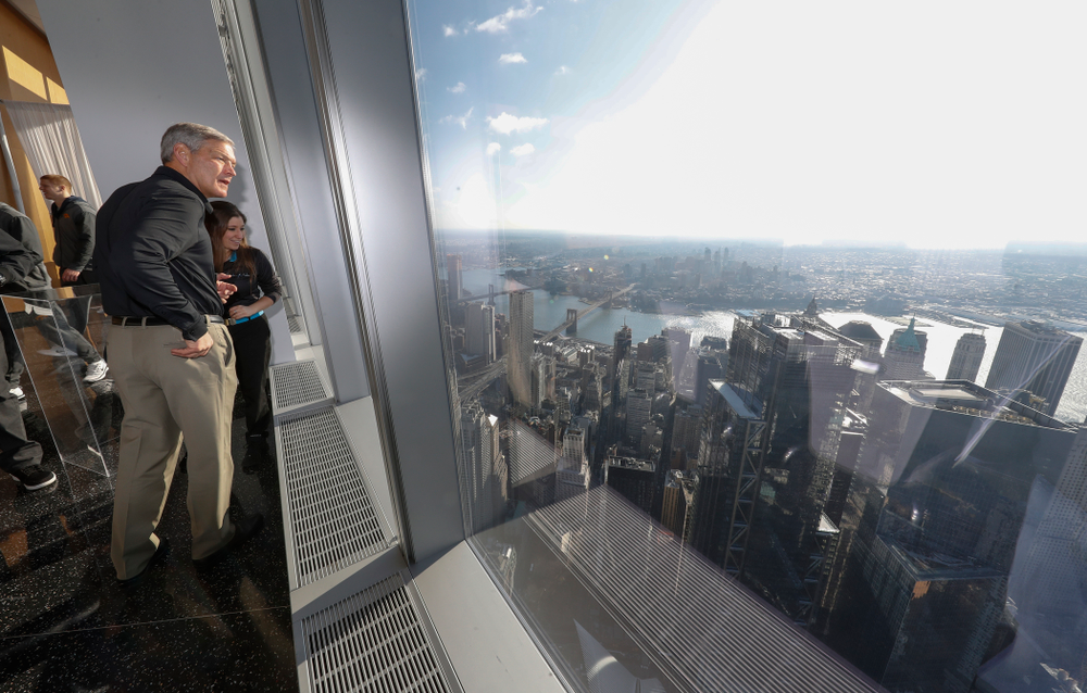 Iowa Hawkeyes head coach Kirk Ferentz as the team visits the observation deck of the One World Trade Center and the 9/11 Memorial and Museum.
