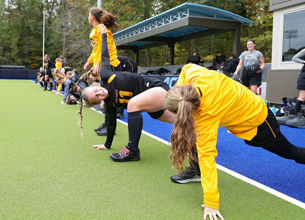 The Iowa Hawkeyes warm up for their practice at Karen Shelton Stadium in Chapel Hill, N.C. on Thursday, Nov 14, 2019. (Stephen Mally/hawkeyesports.com)