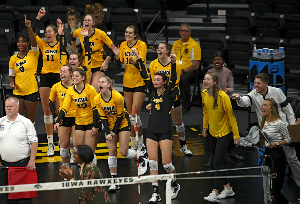 The Iowa bench celebrates a score during their match at Carver-Hawkeye Arena in Iowa City on Sunday, Oct 20, 2019. (Stephen Mally/hawkeyesports.com)