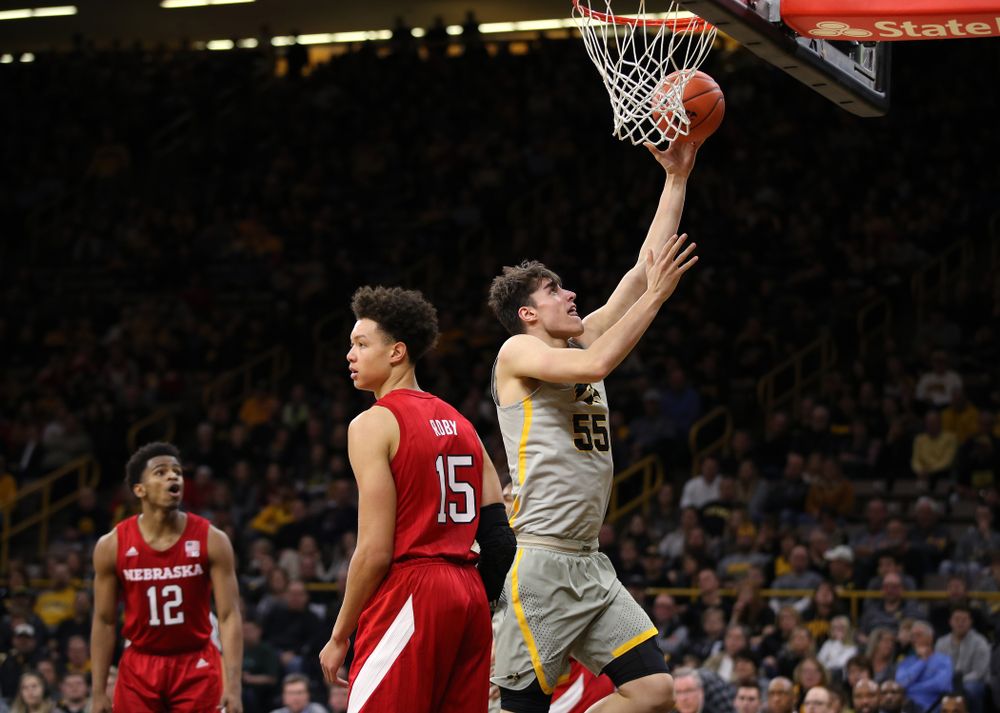 Iowa Hawkeyes forward Luka Garza (55) against the Nebraska Cornhuskers Sunday, January 6, 2019 at Carver-Hawkeye Arena. (Brian Ray/hawkeyesports.com)