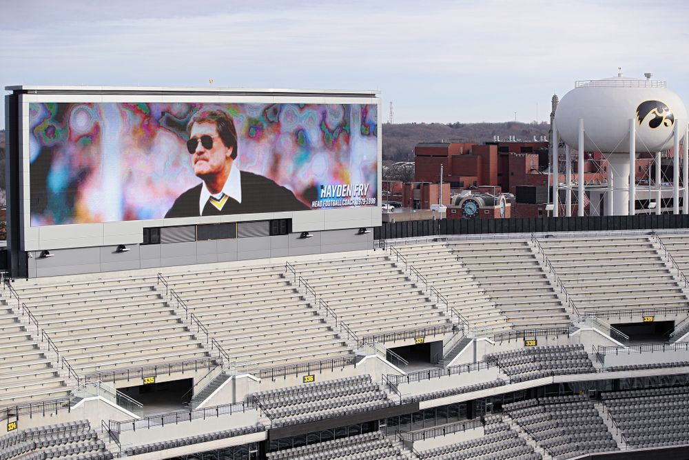 A picture of Hayden Fry is shown on the video boards at Kinnick Stadium in Iowa City on Wednesday, December 18, 2019. Hayden Fry passed away on Dec. 17, at the age of 90. (Stephen Mally/hawkeyesports.com)
