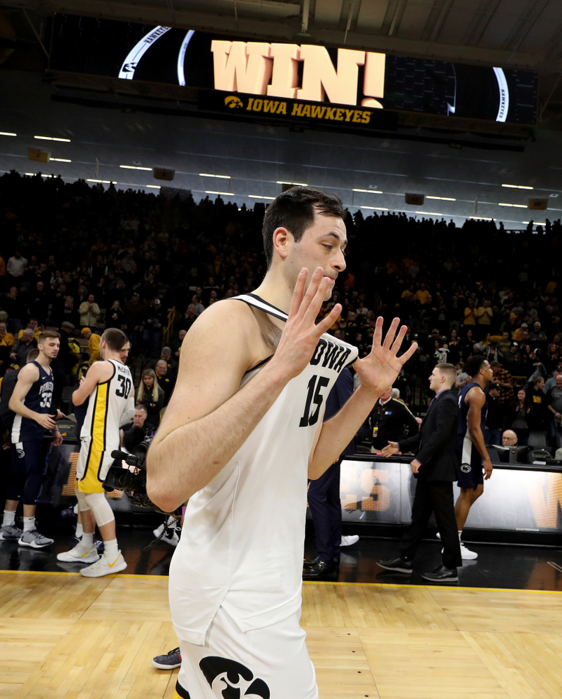 Iowa Hawkeyes forward Ryan Kriener (15) against Penn State Saturday, February 29, 2020 at Carver-Hawkeye Arena. (Brian Ray/hawkeyesports.com)