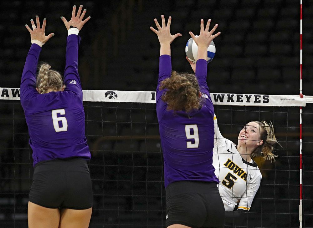 Iowa’s Meghan Buzzerio (5) puts up a shot during their Big Ten/Pac-12 Challenge match at Carver-Hawkeye Arena in Iowa City on Saturday, Sep 7, 2019. (Stephen Mally/hawkeyesports.com)