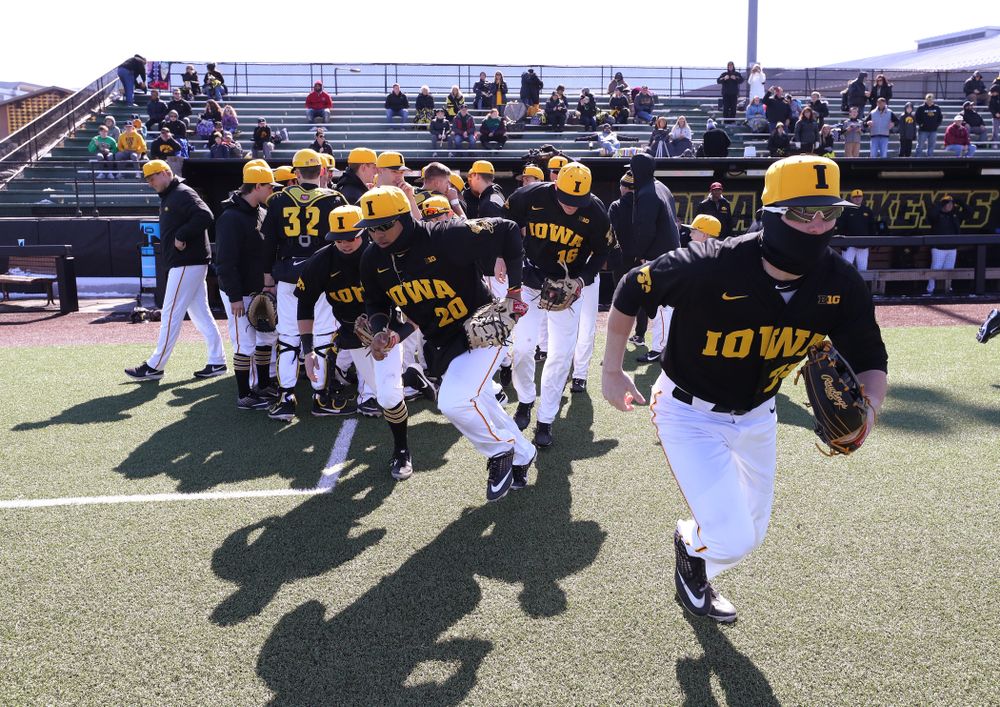 Iowa Hawkeyes Chris Whelan (28) and Izaya Fullard (20) against California State Northridge Sunday, March 17, 2019 at Duane Banks Field. (Brian Ray/hawkeyesports.com)