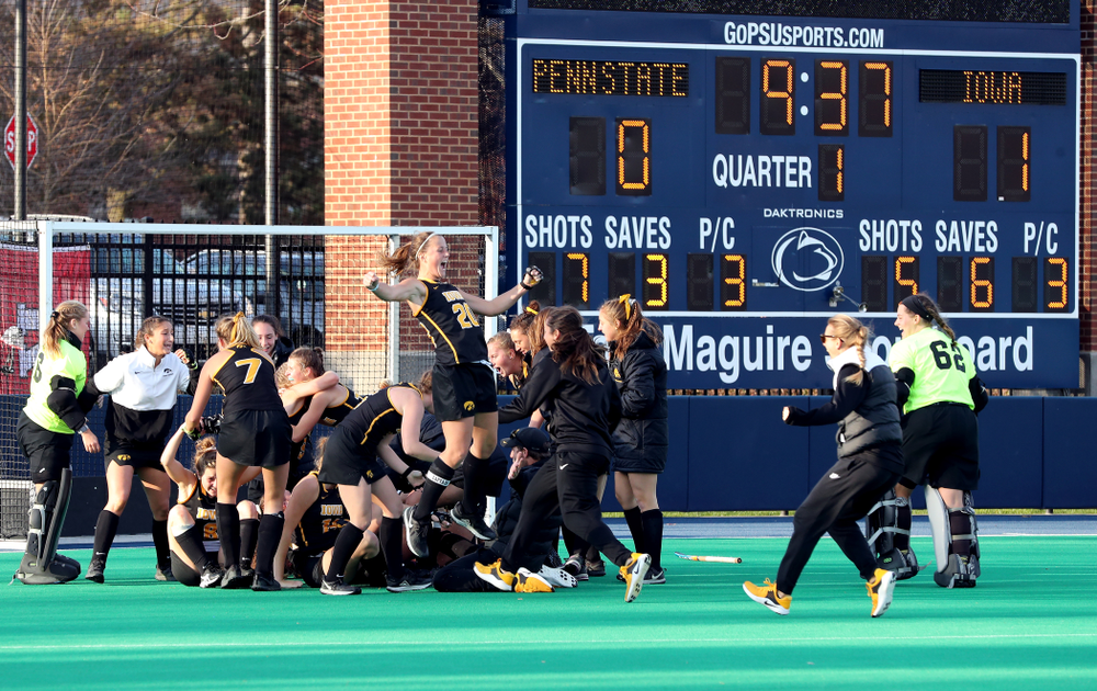 The Iowa Hawkeyes celebrate their 1-0 overtime victory over Penn State to win the 2019 Big Ten Field Hockey Tournament Sunday, November 10, 2019 at Penn State (Brian Ray/hawkeyesports.com)