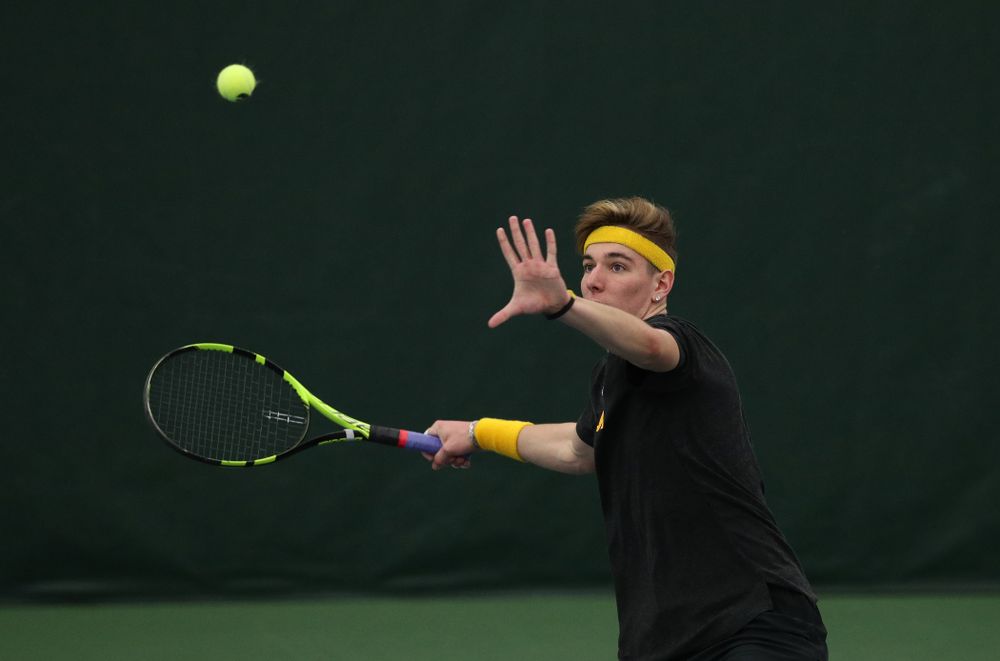 Iowa's Nikita Snezhko against UMKC Friday, February 15, 2019 at the Hawkeye Tennis and Recreation Complex. (Brian Ray/hawkeyesports.com)