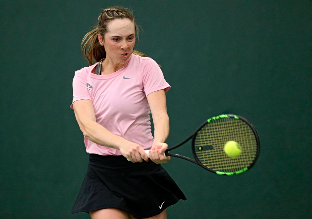 Iowa's Samantha Mannix plays a doubles match against Purdue at the Hawkeye Tennis and Recreation Complex in Iowa City on Friday, Mar. 29, 2019. (Stephen Mally/hawkeyesports.com)