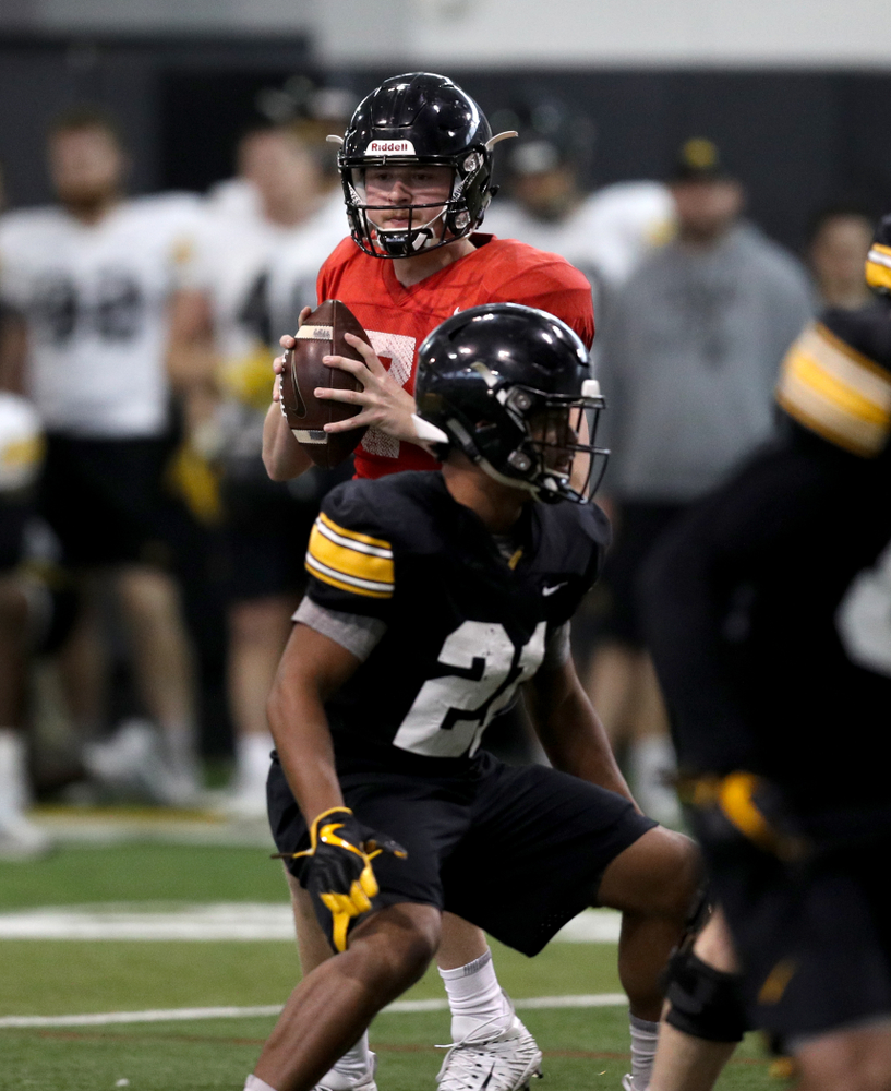 Iowa Hawkeyes quarterback Spencer Petras (7) during practice Wednesday, December 12, 2018 at the Hansen Football Performance Center in preparation for the Outback Bowl game against Mississippi State. (Brian Ray/hawkeyesports.com)