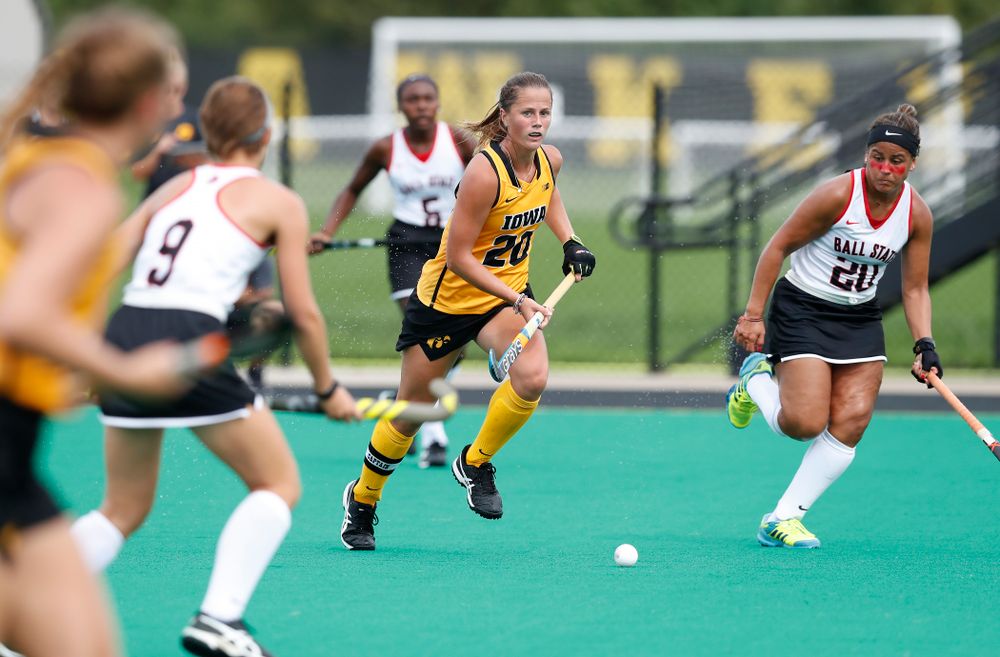 Iowa Hawkeyes Sophie Sunderland (20) against Ball State Sunday, September 2, 2018 at Grant Field. (Brian Ray/hawkeyesports.com)