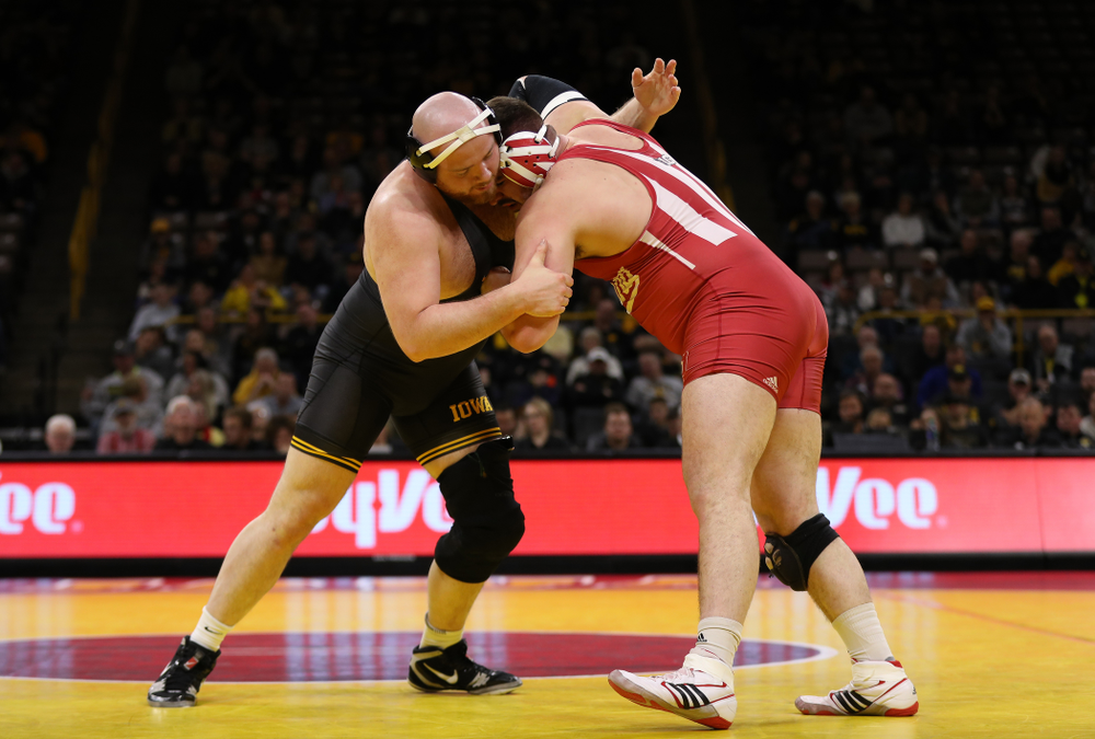 Iowa's Sam Stoll wrestles Indiana's Fletcher Miller at heavyweight Friday, February 15, 2019 at Carver-Hawkeye Arena. (Brian Ray/hawkeyesports.com)
