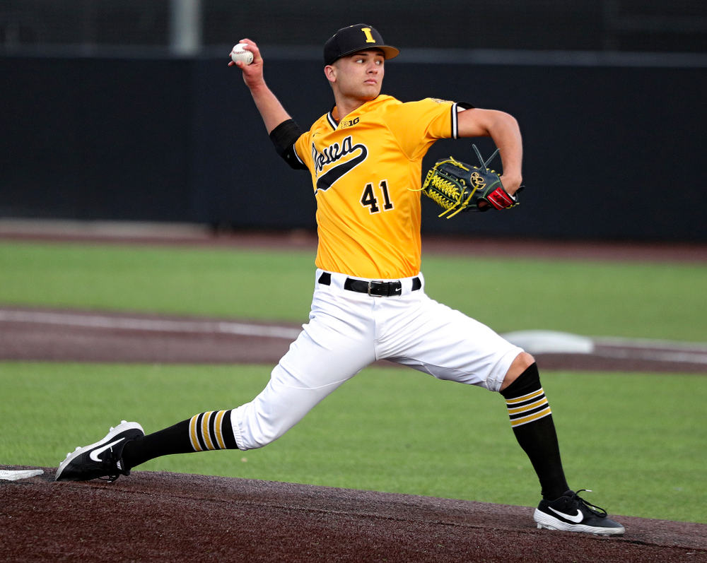 Iowa pitcher Sean Barnard (41) delivers to the plate during the sixth inning of the first game of the Black and Gold Fall World Series at Duane Banks Field in Iowa City on Tuesday, Oct 15, 2019. (Stephen Mally/hawkeyesports.com)