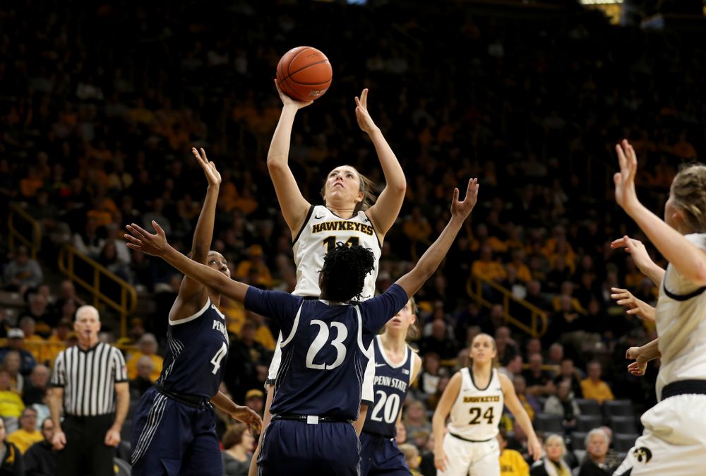 Iowa Hawkeyes forward McKenna Warnock (14) against Penn State Saturday, February 22, 2020 at Carver-Hawkeye Arena. (Brian Ray/hawkeyesports.com)